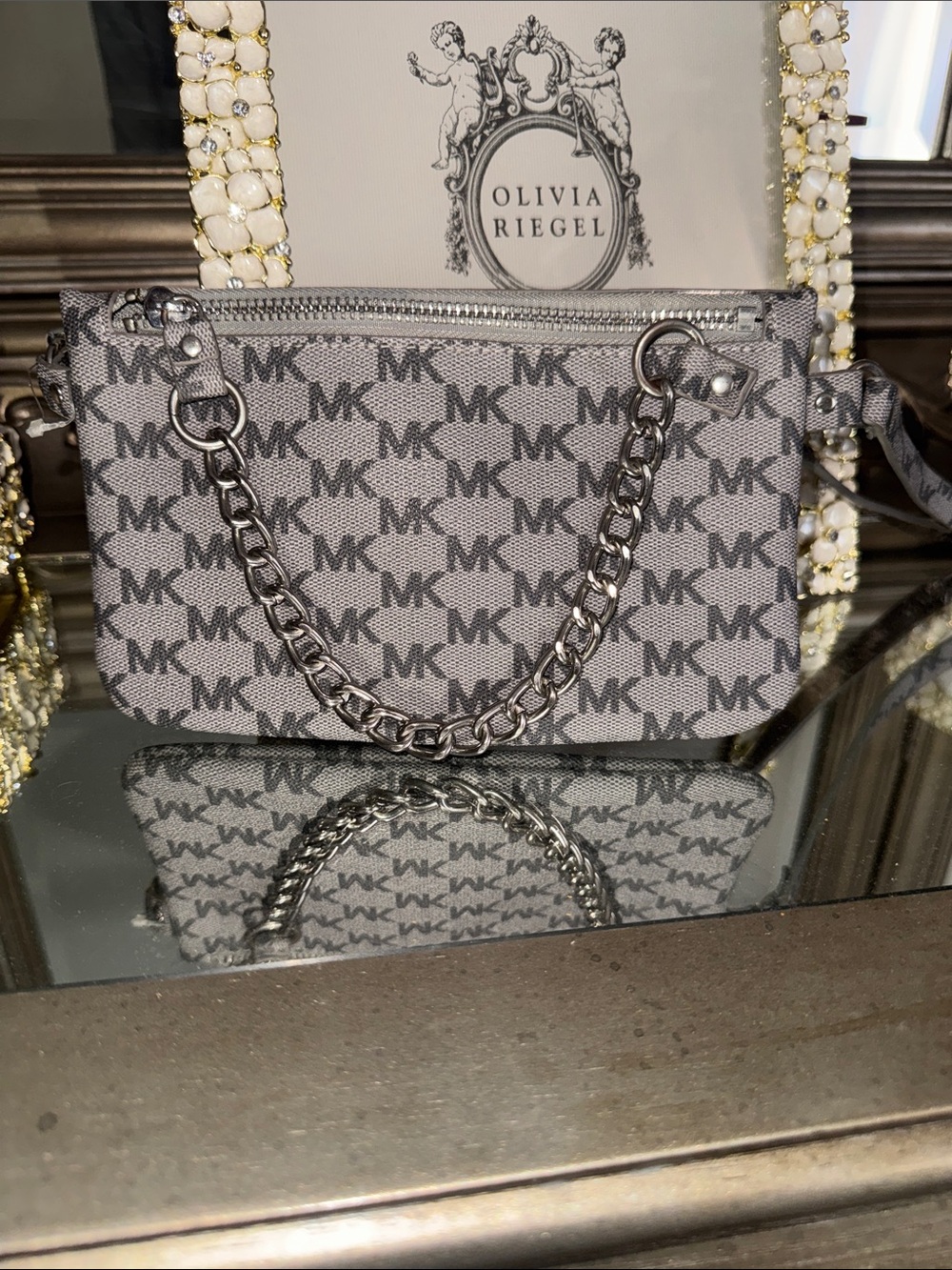 Michael Kors Gray MK Monogram Chain Mini Shoulder Bag